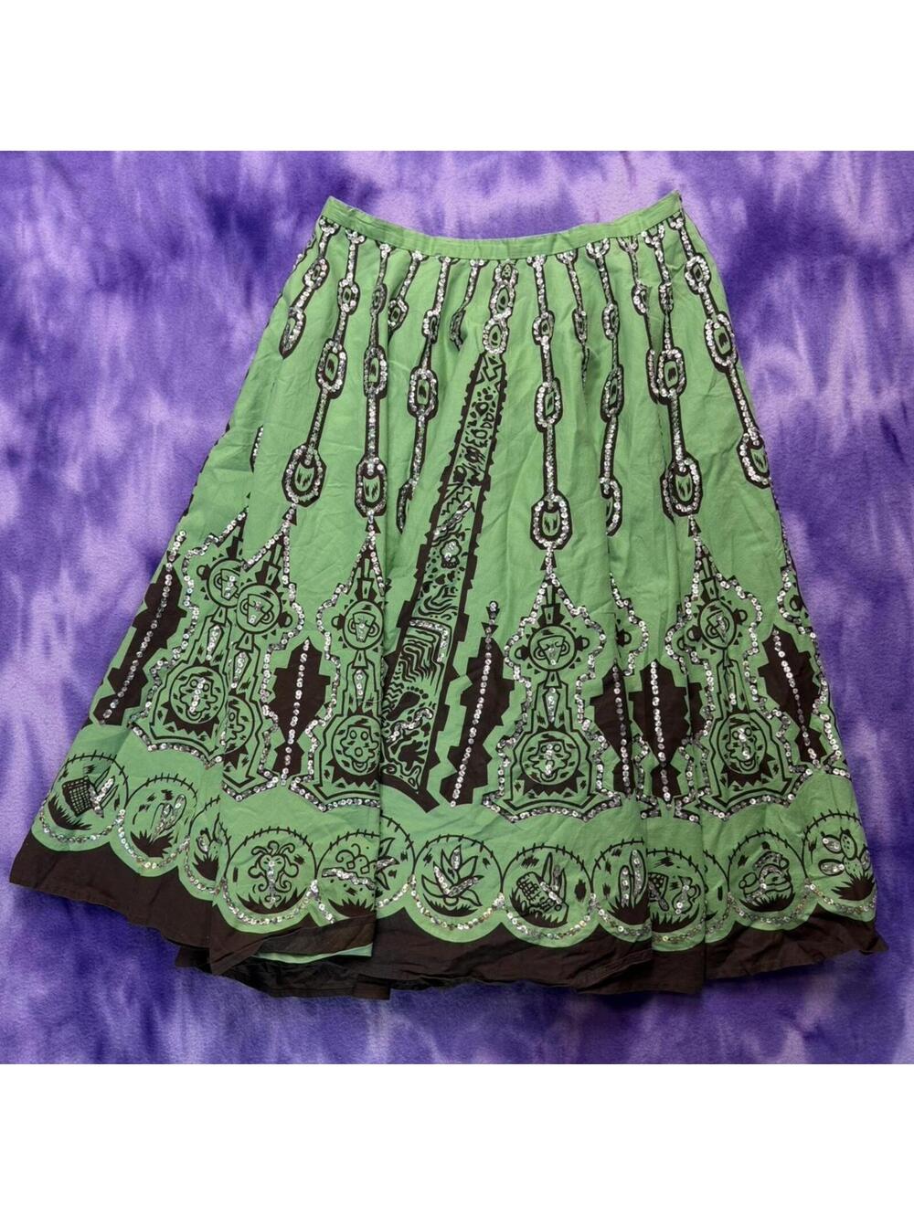 WD NY green and brown sequin adorned midi A line skirt